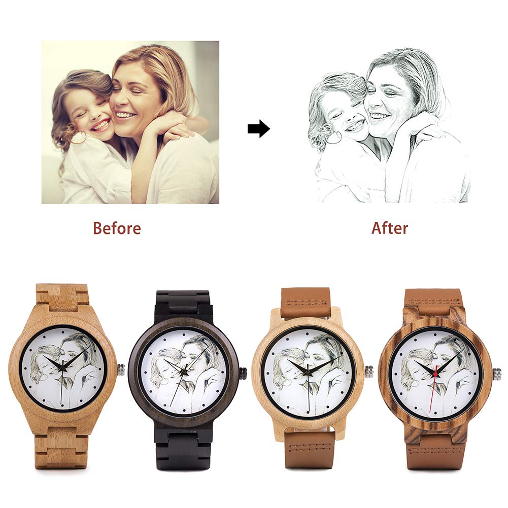 DB-WINNER Customized Wooden Watches for Men Photo Engraved on Watch Face Handmade Natural Bamboo Wood Leather Strap Wrist Watches with Wooden Present Box for Christmas, Birthday or Anniversary DB-WINNER