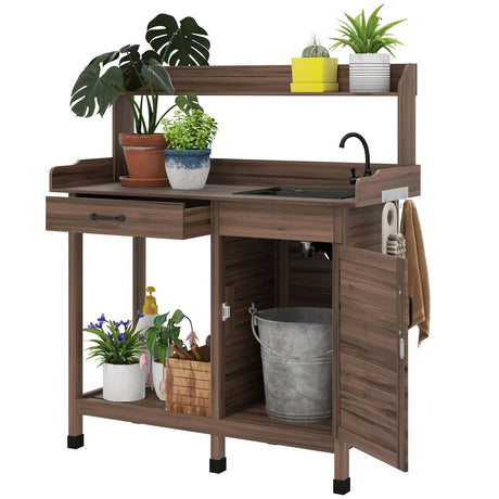 Dark Brown Outdoor Potting Bench with Sink and Storage - Solid Fir Wood Garden Workstation with Removable Sink, Faucet, Hooks and Cabinet for Gardening Tools, Durable and Weather-Resistant MATONELL