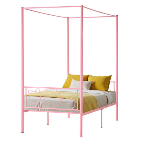 VEVOR Canopy Bed Frame Twin Size, Metal Canopy Bed with Minimalist Headboard & Four Posters Design, Heavy Duty Steel Slats Support, Underbed Storage Space, No Box Spring Needed, Easy Assembly, Pink VEVOR