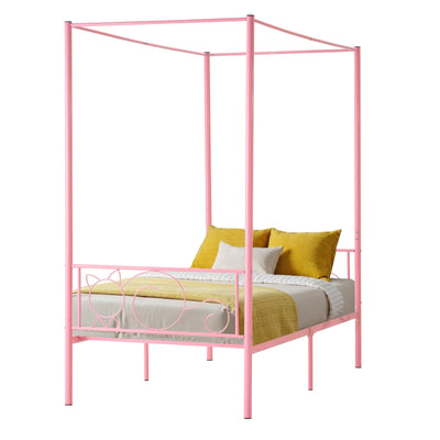 VEVOR Canopy Bed Frame Twin Size, Metal Canopy Bed with Minimalist Headboard & Four Posters Design, Heavy Duty Steel Slats Support, Underbed Storage Space, No Box Spring Needed, Easy Assembly, Pink
