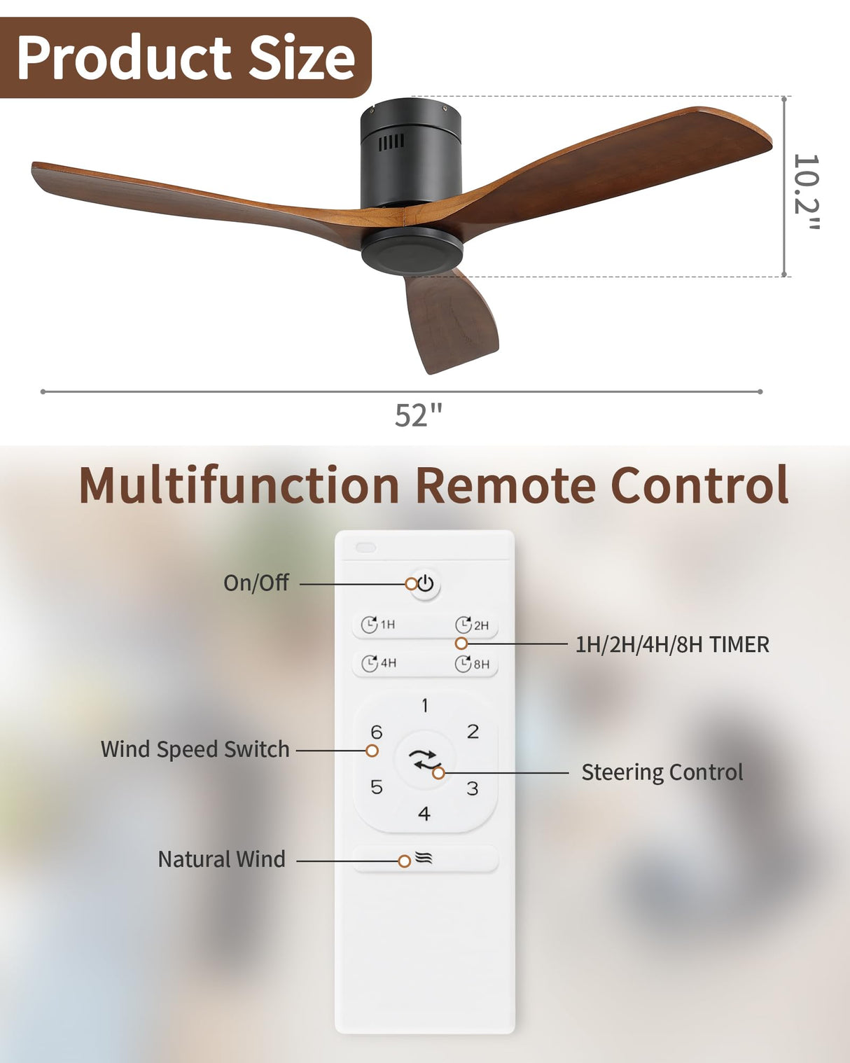 CACI Mall 52 Inch Flush Mount Wood Ceiling Fan without Light,Low Profile,Modern,6 Speed,3 Blades Timer,Remote Control,Quiet Reversible DC Motor for Berdrooms, Livingroom, Patios CACI Mall