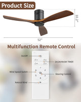 CACI Mall 52 Inch Flush Mount Wood Ceiling Fan without Light,Low Profile,Modern,6 Speed,3 Blades Timer,Remote Control,Quiet Reversible DC Motor for Berdrooms, Livingroom, Patios CACI Mall