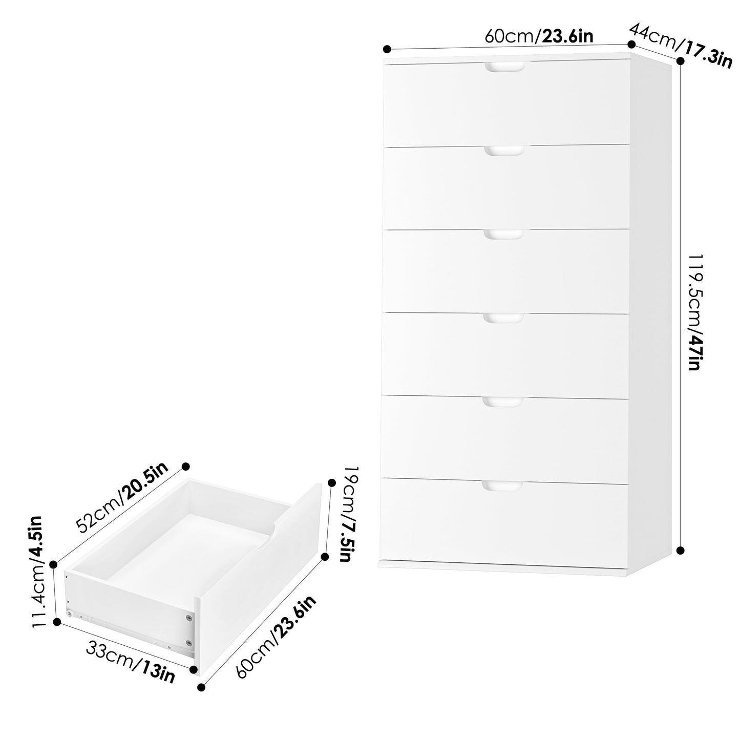 FOTOSOK White Dresser, Tall White Dresser with 6 Drawers, Modern Wood Chest of Drawers 6 Drawer Dresser with Large Capacity, 15.7" x 23.6" x 47" - WoodArtSupply