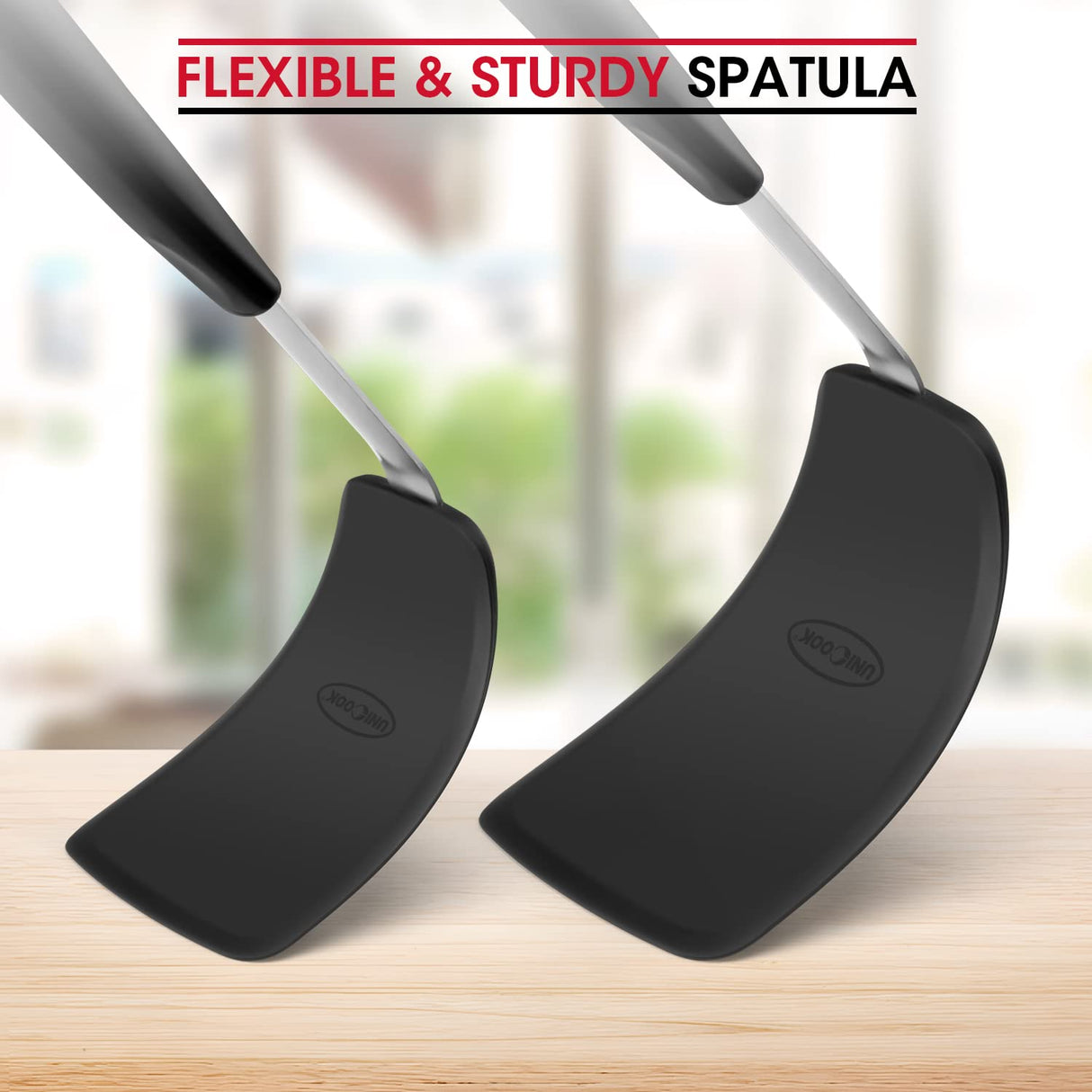 Unicook 2 Pack Flexible Silicone Spatula, Turner, 600F Heat Resistant, Ideal for Flipping Eggs, Burgers, Crepes and More, Black Unicook