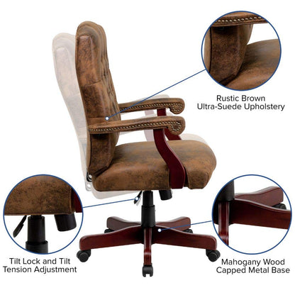 Flash Furniture Derrick Traditional Microfiber Tufted Swivel Office Chair with Wood Base, Ergonomic Farmhouse High-Back Desk Chair, Bomber Brown - WoodArtSupply