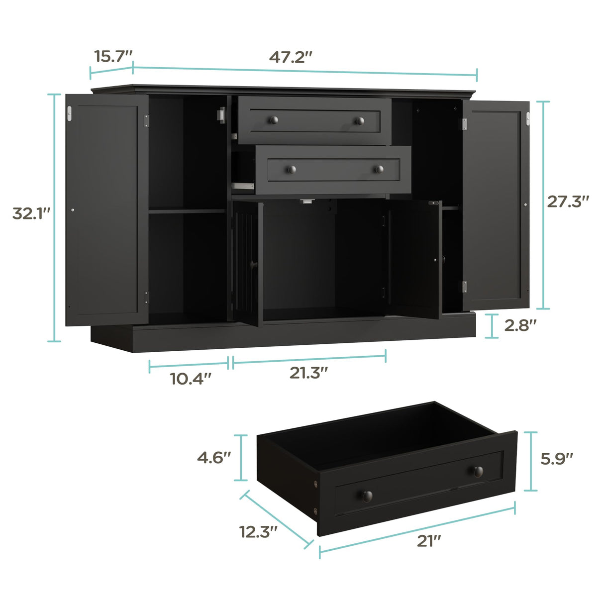 DecoFurn Farmhouse 47" Buffet Cabinet with Storage,Large Sideboard Buffet with Drawers and Adjustable Shelves, Rusitc Coffee Bar Cabinet for Kitchen, Black DecoFurn