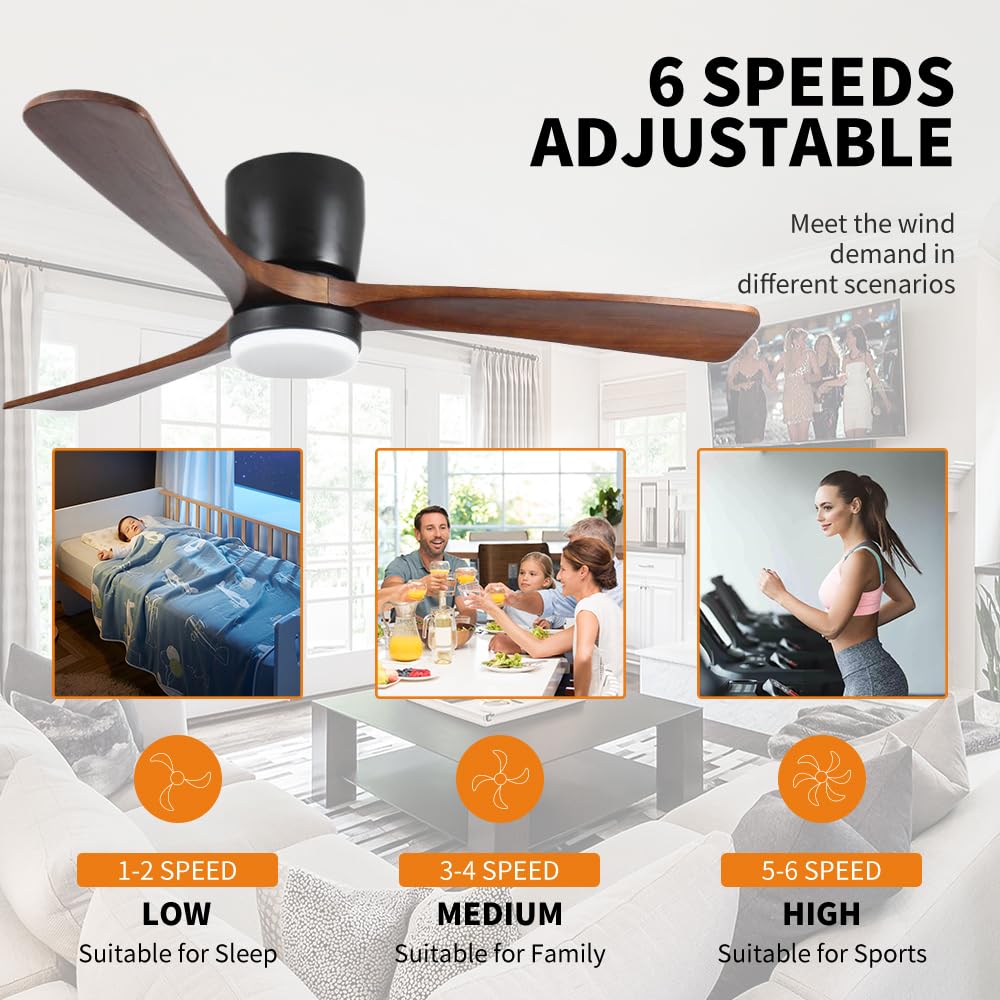 LINJO 42 inch Wood Ceiling Fans with Lights and Remote, Flush Mount Ceiling Fan,Quiet & Reversible DC Motor for Bedroom/Outdoor/Farmhouse/Patios LINJO