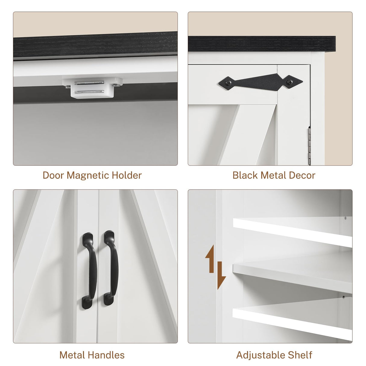 TEENFON Farmhouse Storage Cabinet with 2 Adjustable Shelves, Bathroom Cabinet with 4 Doors, Kitchen Cabinets, Cupboard for Kitchen, Living Room, White TEENFON