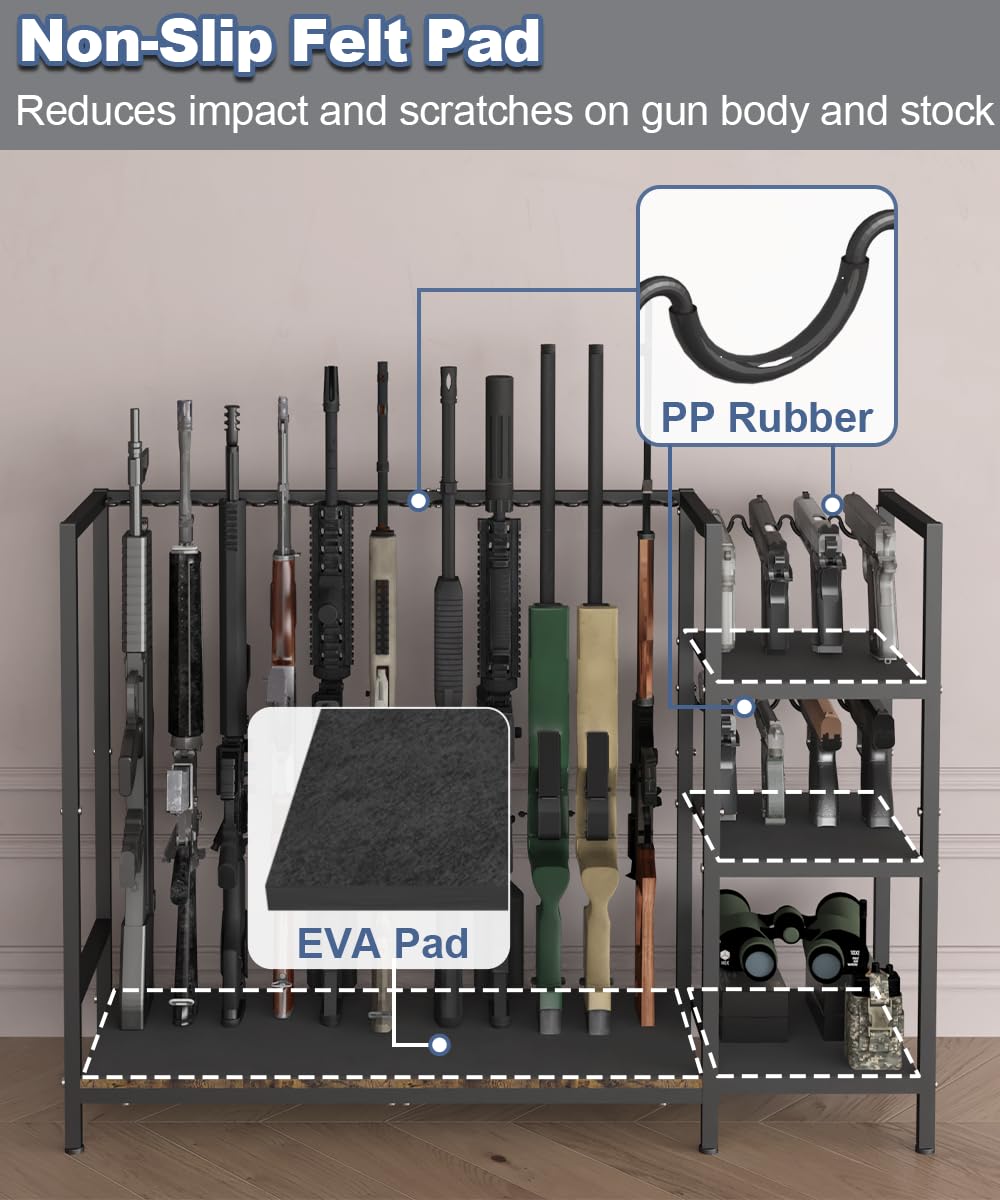 Mondazie Gun Rack, Floor Standing Rifle Stand with Pistol Shelves, Vertical Shotgun Storage Holder Display Racks Indoor with Padding for Home or Garage, Hold up to 11 Long Guns and 8 Handguns, Black Mondazie