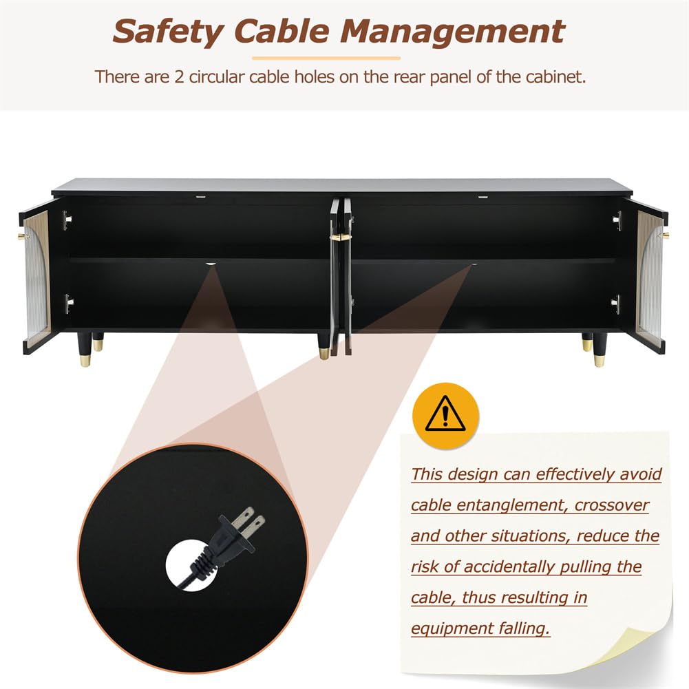 CuisinSmart TV Stand for TVs Up to 78'', Functional Entertainment Center, TV Cabinet, with Fluted Glass Doors, Cable Hole, TV Console, Sturdy Wooden Frame, Easily Assemble, TV Cabinet Black