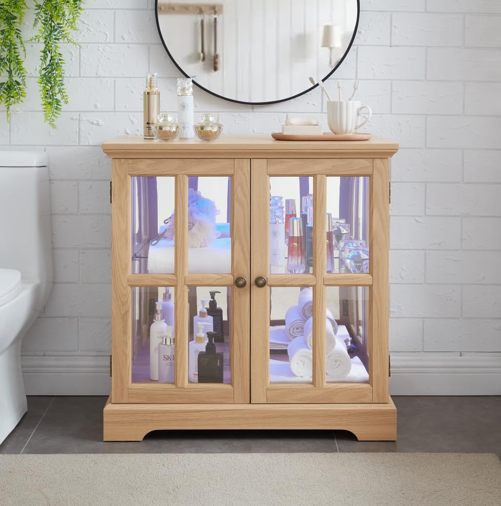 LED Curio Display Cabinet, Antique Display Cabinet with Adjustable Shelves, Retro Design Quality Showcase with Lattice Doors, Elegant Bookcase and Storage Cabinet for Home Decor (Oak) Maxtude