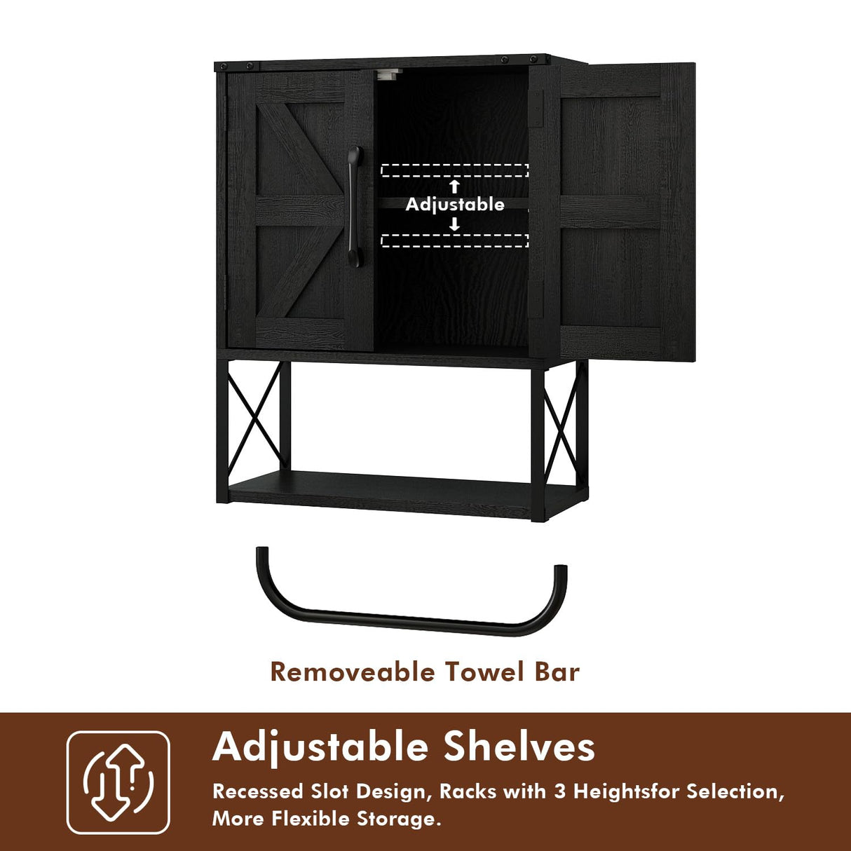 RUSTOWN Farmhouse Rustic Medicine Cabinet with Two Barn Door,Wood Wall Mounted Storage Cabinet with Adjustable Shelf and Towel Bar, 3-Tier Cabinet for Bathroom, Living Room(Black) RUSTOWN