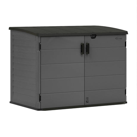 Suncast 70 Cu Ft Stow-Away Horizontal Outdoor Shed - Small Outdoor Storage Shed, Lockable & Weatherproof Resin Plastic, Fits Two 96-Gallon Trash Cans, Bikes, Lawn Mowers, or Garden Tools, Peppercorn Suncast