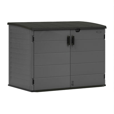 Suncast 70 Cu Ft Stow-Away Horizontal Outdoor Shed - Small Outdoor Storage Shed, Lockable & Weatherproof Resin Plastic, Fits Two 96-Gallon Trash Cans, Bikes, Lawn Mowers, or Garden Tools, Peppercorn