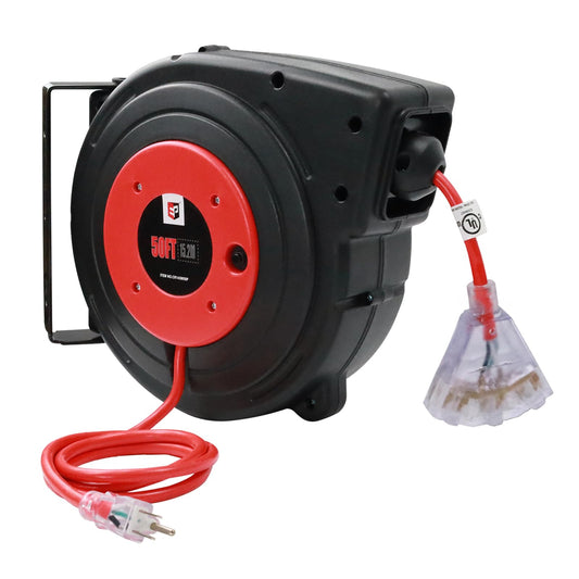 EP Retractable Extension Cord Reel, 50 Ft Heavy Duty Power Cord, 14 AWG/3C SJTOW, 13 AMP Circuit Breaker, Lighted Triple Tap, Ceiling or Wall Mount, UL Listed - WoodArtSupply