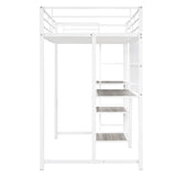 Jintop Twin Size Loft Bed with Stylish Desk and Whiteboard,Versatility Metal Bunk Bed,w/ 3 Shelves & Ladder,Easy Assembly,for Students,Boys,Girls,White Jintop