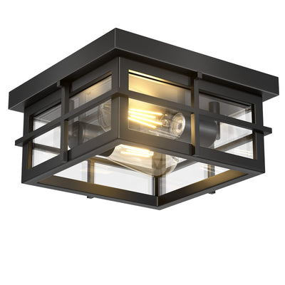 Asnxcju Modern Outdoor Ceiling Light Fixtures, 2-Light Black Flush Mount Light Fixtures with Clear Glass Shade, Farmhouse Square Ceiling Lighting for Porch Bathroom Kitchen (Bulbs Not Included)