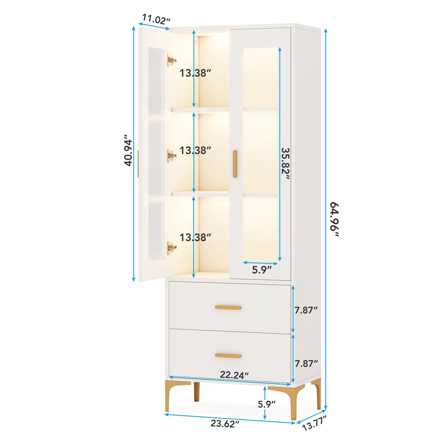 Tribesigns Bookcase with Doors and LED Light, White Bookshelf with 2 Drawers, Freestanding Tall Storage Cabinet for Living Room, Bathroom, Office,