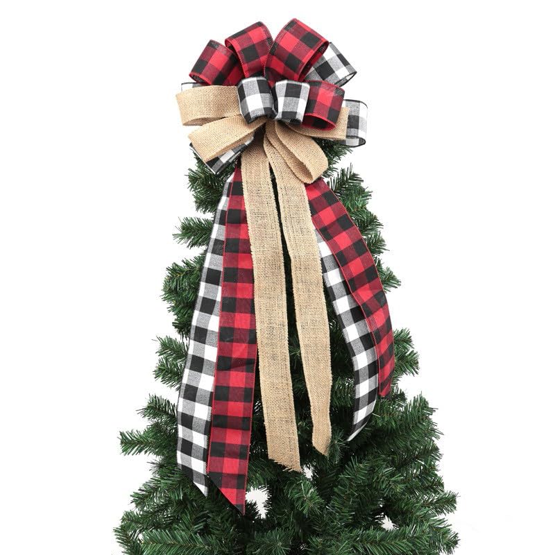 Farmhouse Christmas Tree Topper Western Tree Topper Country Tree Topper Buffalo Plaid Christmas Tree Topper Burlap Bow Black White and Red Christmas Decorations Rustic Xmas Decor Home Decor Handmade