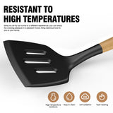 Silicone Cooking Utensils Set Utensil Sets - 446°F Heat Resistant Silicone Kitchen Utensils Set Wooden Handles, Silicone Utensils for Cooking w Holder for Non-Stick Cookware BPA FREE (Black) oannao