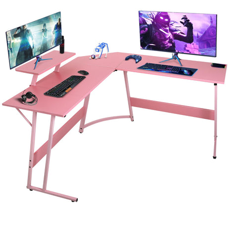 L Shaped Gaming Desk Computer Corner Desk PC Gaming Desk Table with Large Monitor Riser Stand for Home Office Sturdy Writing Workstation,Pink Dopinmin