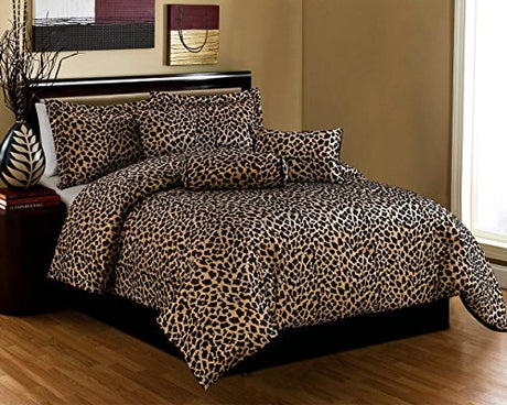Grand Linen Black/Brown Comforter Set Leopard Print Microfur Bed in A Bag California King Size Bedding Grand Linen