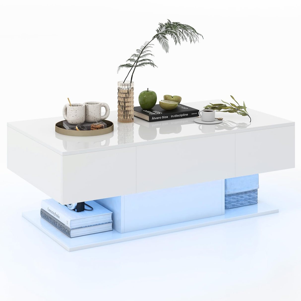 Giantex Modern LED Coffee Table - 2-Tier Center Table w/ 2 Storage Drawers, Adjustable Brightness & Speed, 20-Color Light, 43.5''L Rectangular High-Gloss Finished Table for Living Room (White) Giantex
