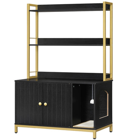 HOOBRO Large Cat Litter Box Enclosure with 2 Storage Shelves, Wooden Litter Box Furniture, Hidden Litter Box Furnitue with Scratching Pad, Sturdy and Solid, 31.5"L x 17.9"W x 47.2"H, Black BD82MW01 HOOBRO