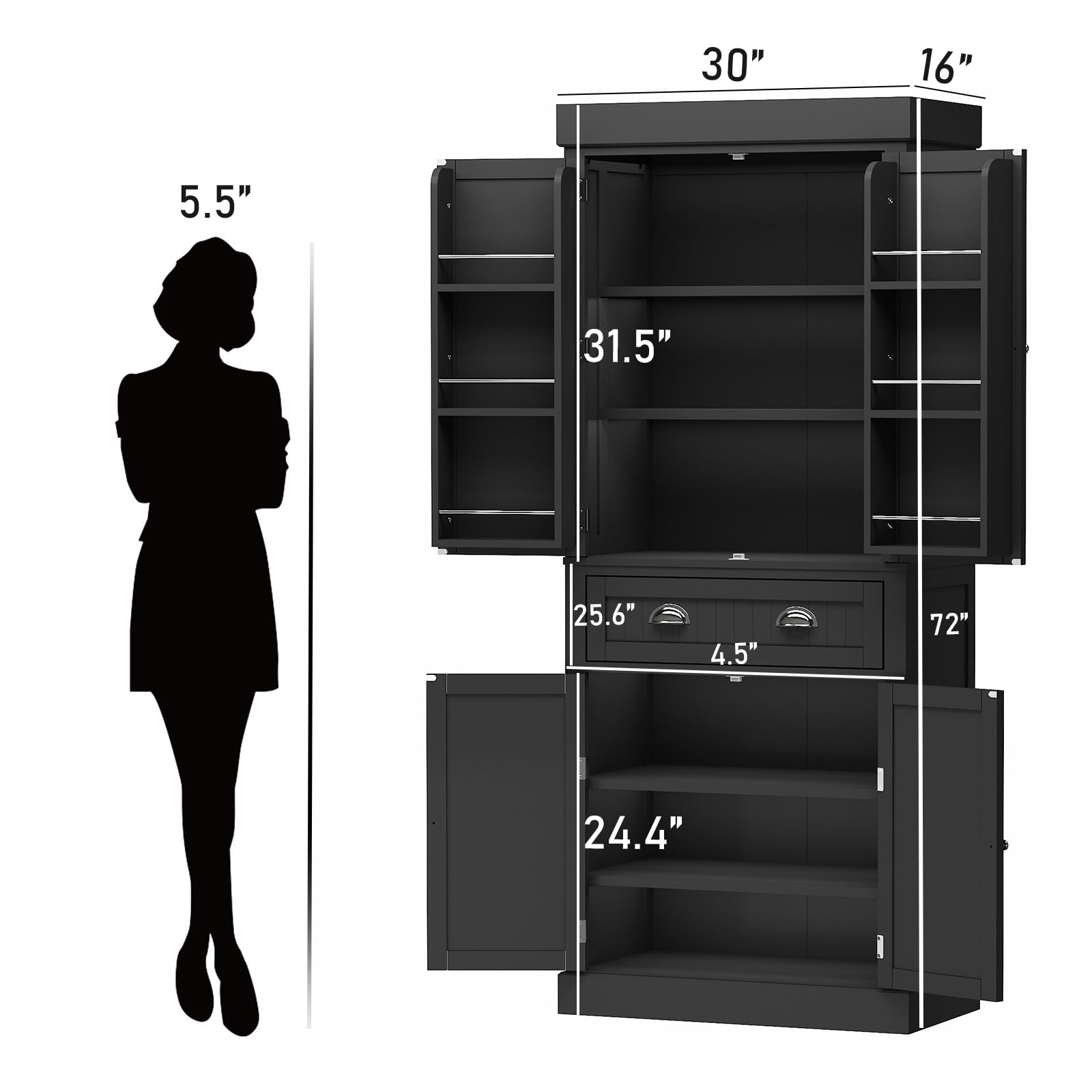 Squireewo 72" Freestanding Kitchen Pantry Storage Cabinet with Doors and 6 Hanging Shelves,Storage Cupboard with Large Drawer for Kitchen,Bathroom or Hallway,Black - WoodArtSupply