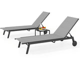 DWVO Outdoor Chaise Lounge Set, 2 Patio Chaise Lounge Chairs with Side Table, Padded Textile Pool Loungers with 5-Level Backrest and Wheels for Beach, Lawn, Porch, Garden (Grey) DWVO