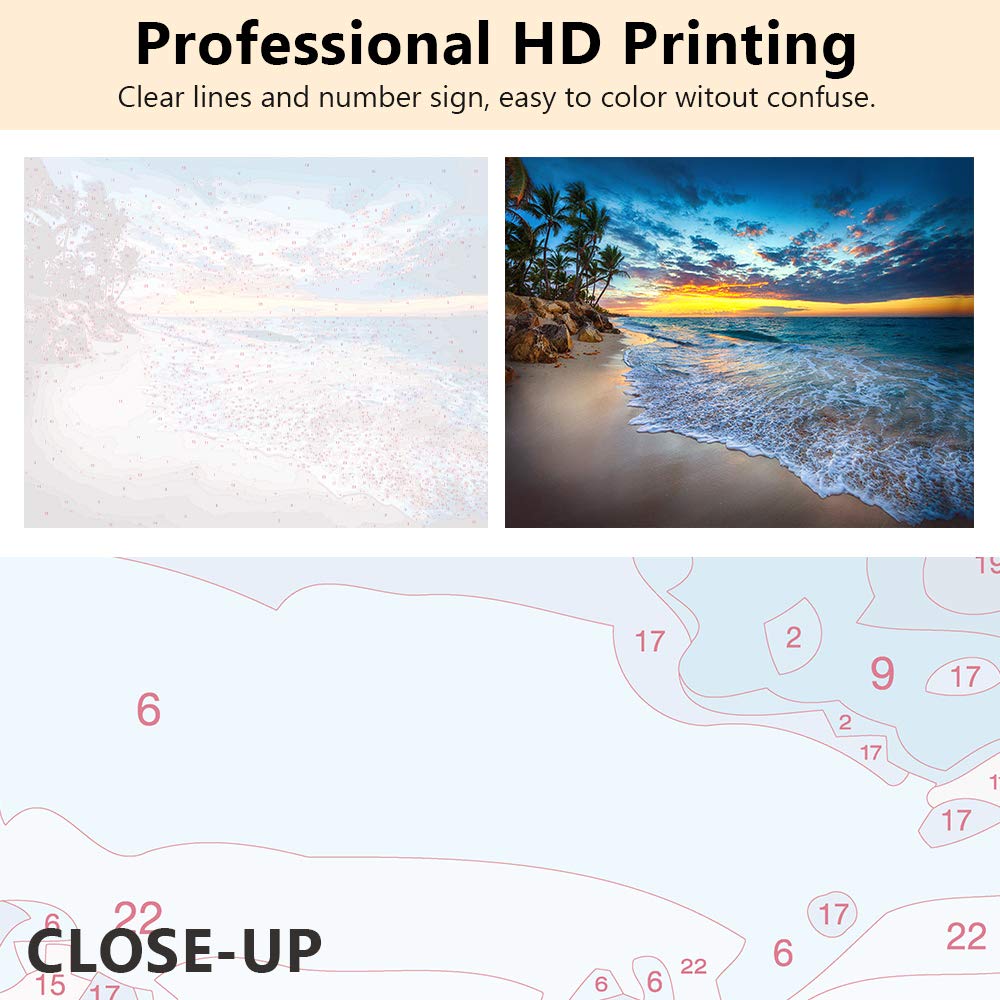 TUMOVO Adult Paint by Number - Caribbean Beach Paint by Numbers for Adults Beginner Seaside Cloudscape Paint by Numbers Kit with 3 Size Brushes and Acrylic Pigment, 16x20 Inches(Frameless) TUMOVO