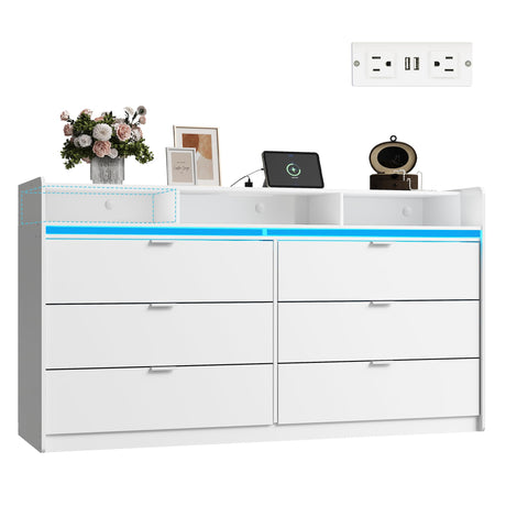 WLIVE 9 Drawer Led Dresser for Bedroom, 58.35'' White Wood Dresser Storage Organizer with Power Outlets for 65'' TV, Dressers with Open Shelves, Chest of Drawers for Closet, Living Room WLIVE