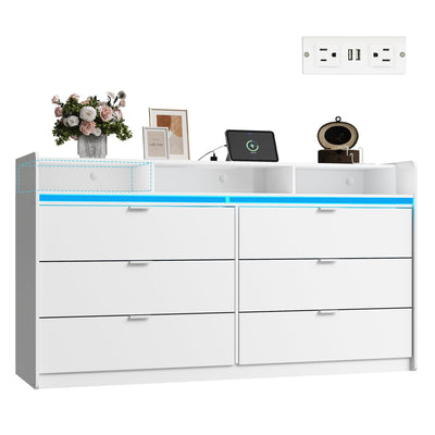 WLIVE 9 Drawer Led Dresser for Bedroom, 58.35'' White Wood Dresser Storage Organizer with Power Outlets for 65'' TV, Dressers with Open Shelves, Chest of Drawers for Closet, Living Room