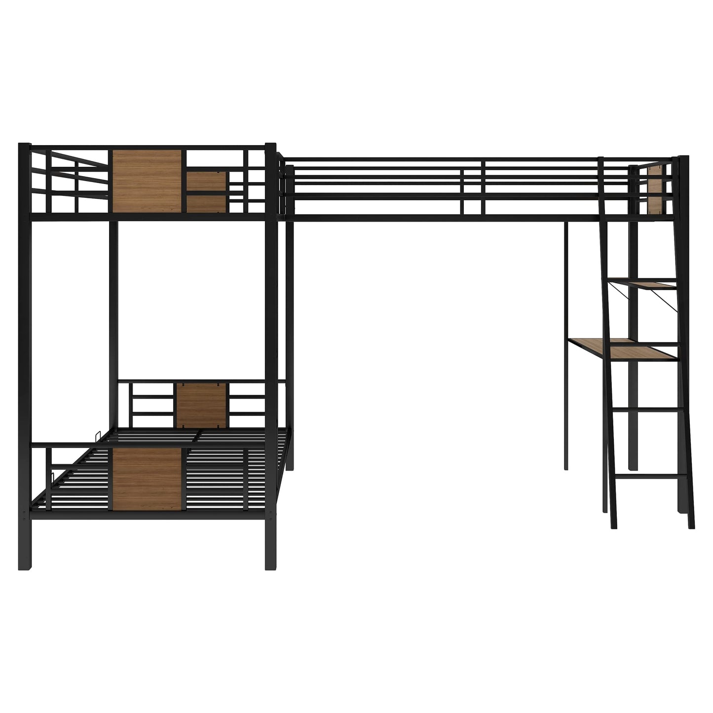 MERITLINE Triple Metal Bunk Beds,L-Shaped Metal Triple Bunk Bed with Desk and Shelf, Twin Over Twin Bunk Bed with A Twin Loft Bed Attached, 3 Bed Bunk Beds for Kids Teens, Brown