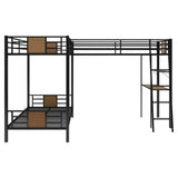 MERITLINE Triple Metal Bunk Beds,L-Shaped Metal Triple Bunk Bed with Desk and Shelf, Twin Over Twin Bunk Bed with A Twin Loft Bed Attached, 3 Bed Bunk Beds for Kids Teens, Brown MERITLINE
