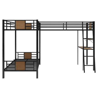 MERITLINE Triple Metal Bunk Beds,L-Shaped Metal Triple Bunk Bed with Desk and Shelf, Twin Over Twin Bunk Bed with A Twin Loft Bed Attached, 3 Bed Bunk Beds for Kids Teens, Brown