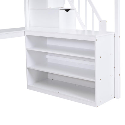 BOVZA Full Size White Loft Bed with Storage Stairs, L-Shaped Desk, and 3-Tier Bookcase for Kids and Teens