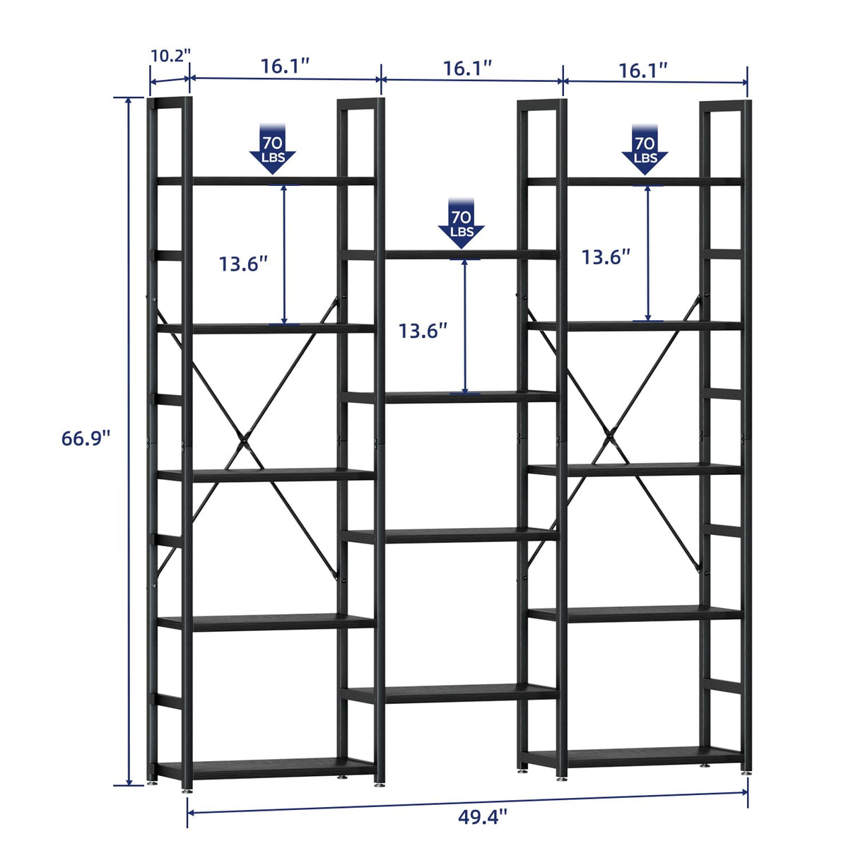 NUMENN Triple Column 5 Tier Bookshelf, Bookcase with 14 Open Display Shelves, Adjustable Rustic Industrial Style Book Shelves, Modern Bookshelves for Bedroom, Living Room and Home Office, Black NUMENN