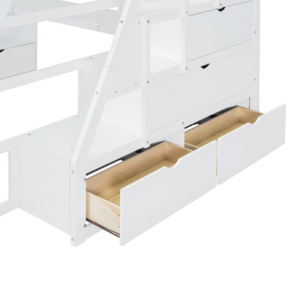 MERITLINE Full Size Loft Bed with Desk and Storage Stairs, Wood Loft Bed Full with 7 Drawers & 2 Shelve,High Loft Bed with Desk Underneath for Kids Teens Boys Girls,White