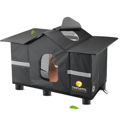 Texsens Large Cat House - Weatherproof Outdoor Cat Shelter with Roof Window- Insulated Elevated House for Stray/Barn Cats with Cozy Cushion - Ideal Waterproof Feral Cat House for Summer