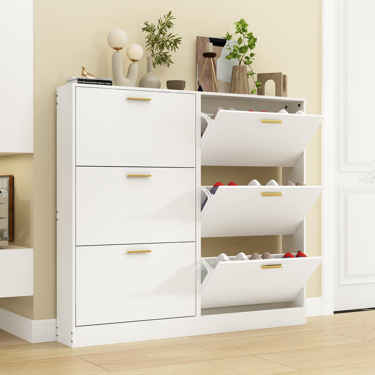 NOVAMAISON Narrow Shoe Storage Cabinet, Shoe Cabinet for Entryway with 3 Flip Drawers, Wood Hidden Shoe Storage, Freestanding Shoe Organizer for Hallway, Bedroom, Apartment, White NOVAMAISON