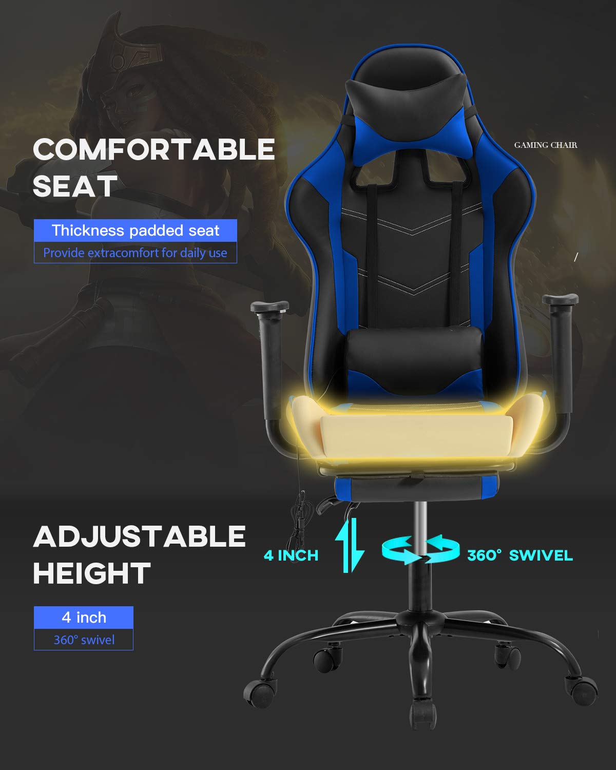 Gaming Chair Office Chair Desk Chair Massage PU Leather Recliner Racing Chair with Headrest Armrest Footrest Rolling Swivel Task PC Ergonomic Computer Chair for Back Support, Blue BestOffice