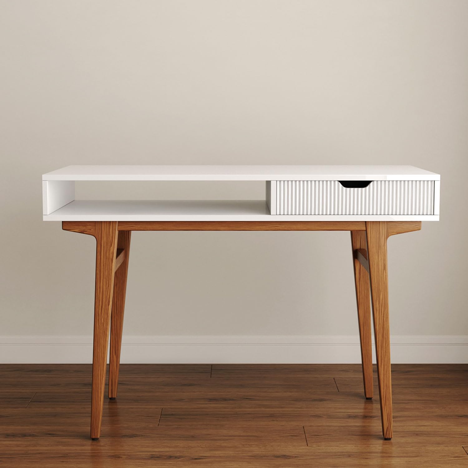 Computer Desk with Drawers - 45 inch Minimalist Small Solid Wood Mid-Century Modern Office Desk for Home - Boho Style Writing Table with Open Storage - Thumbnail 3