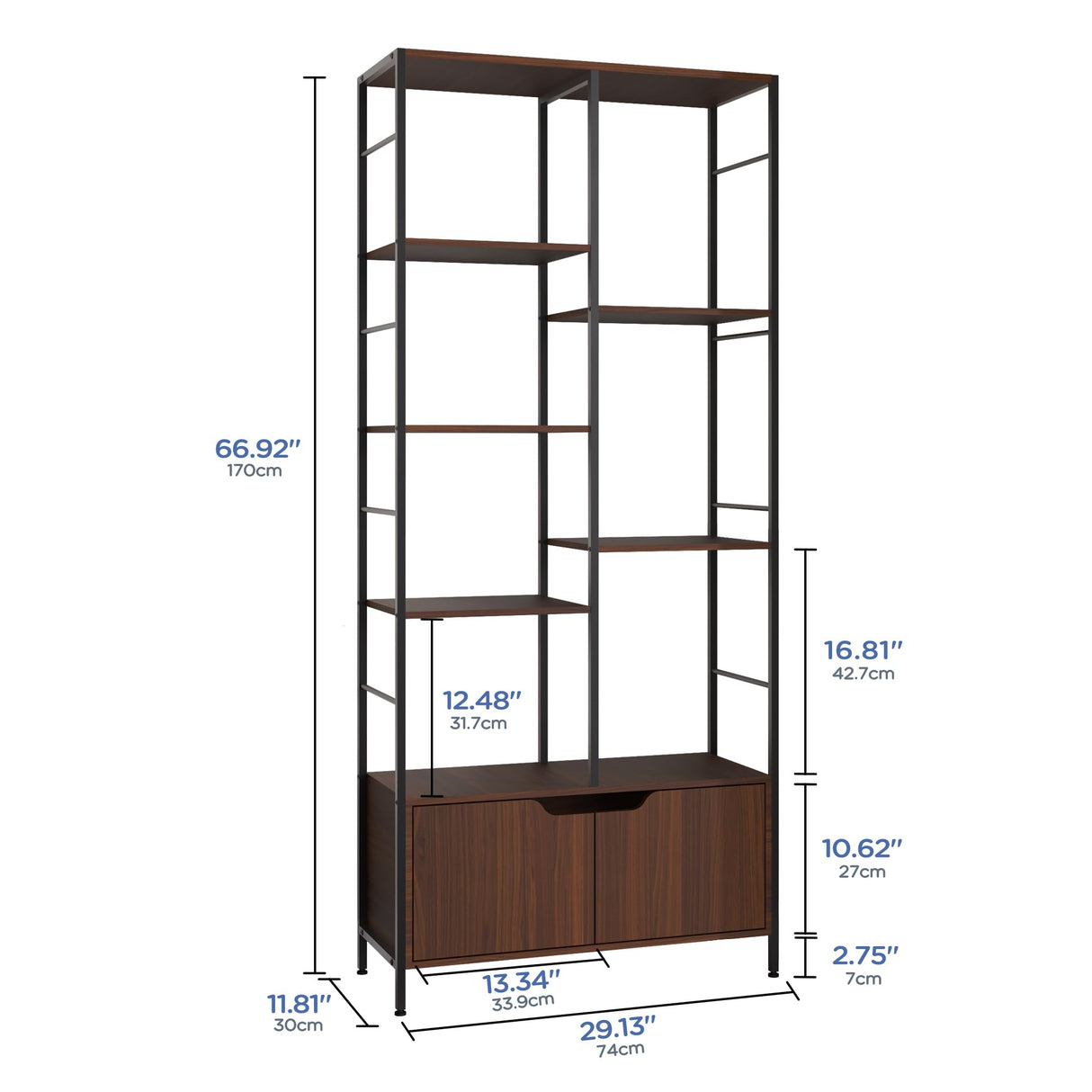 Housoul Bookshelf with Doors, 6-Tier Shelf with Storage Cabinet, 67" Tall Open Bookcase for Display, Industrial Retro Bookcase, Freestanding Storage Organizer Bookshelf for Living Room, Brown Housoul