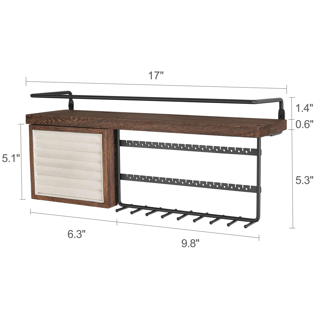 Mkono Hanging Jewelry Organizer Wall Mounted Jewelry Organizer Necklace Holder with Rustic Wood Shelf, Ring Display Box, Ear Studs Earring Holder Bracelet Organizer Mkono