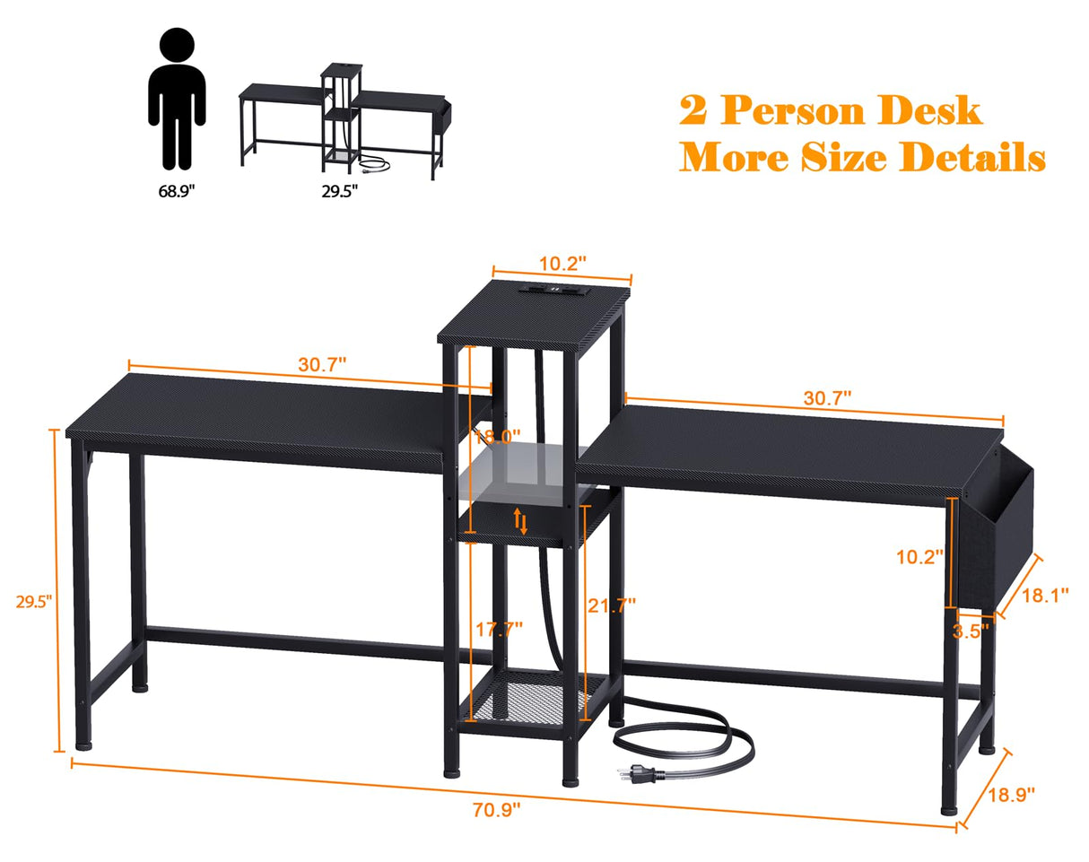 Furologee Double Desk with Power Outlets, 71 Inch Computer Desk with Storage Bag and Headphone Hooks, Gaming Desk Study Writing Table for Home Office, Black Furologee
