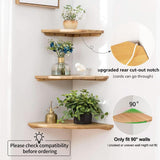 Corner Shelves, Floating Corner Shelf, Set of 2 7inch Solid Oak Wood Wall Shelves, Round End Wall Mount with Wire Hole Shelving for Small Plant for Bedroom Kitchen, Living Room Conamily