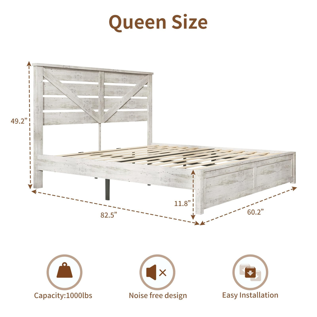 LUXOAK Queen Size Farmhouse Wooden Bed Frame, Platform Bed Frame with 49.2" Headboard/No Box Spring Needed/Noisy Free/Easy Assembly/Distressed White LUXOAK