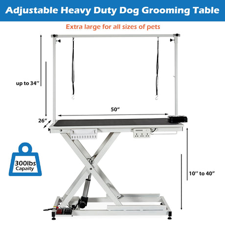 50'' Electric Dog Grooming Table, Heavy Duty, Height Adjustable Pet Grooming Table with Socket w/Leveling Wheels, Grooming Arm, Anti Slip Tabletop & Tool Organizer, for All Pets White Towallmark