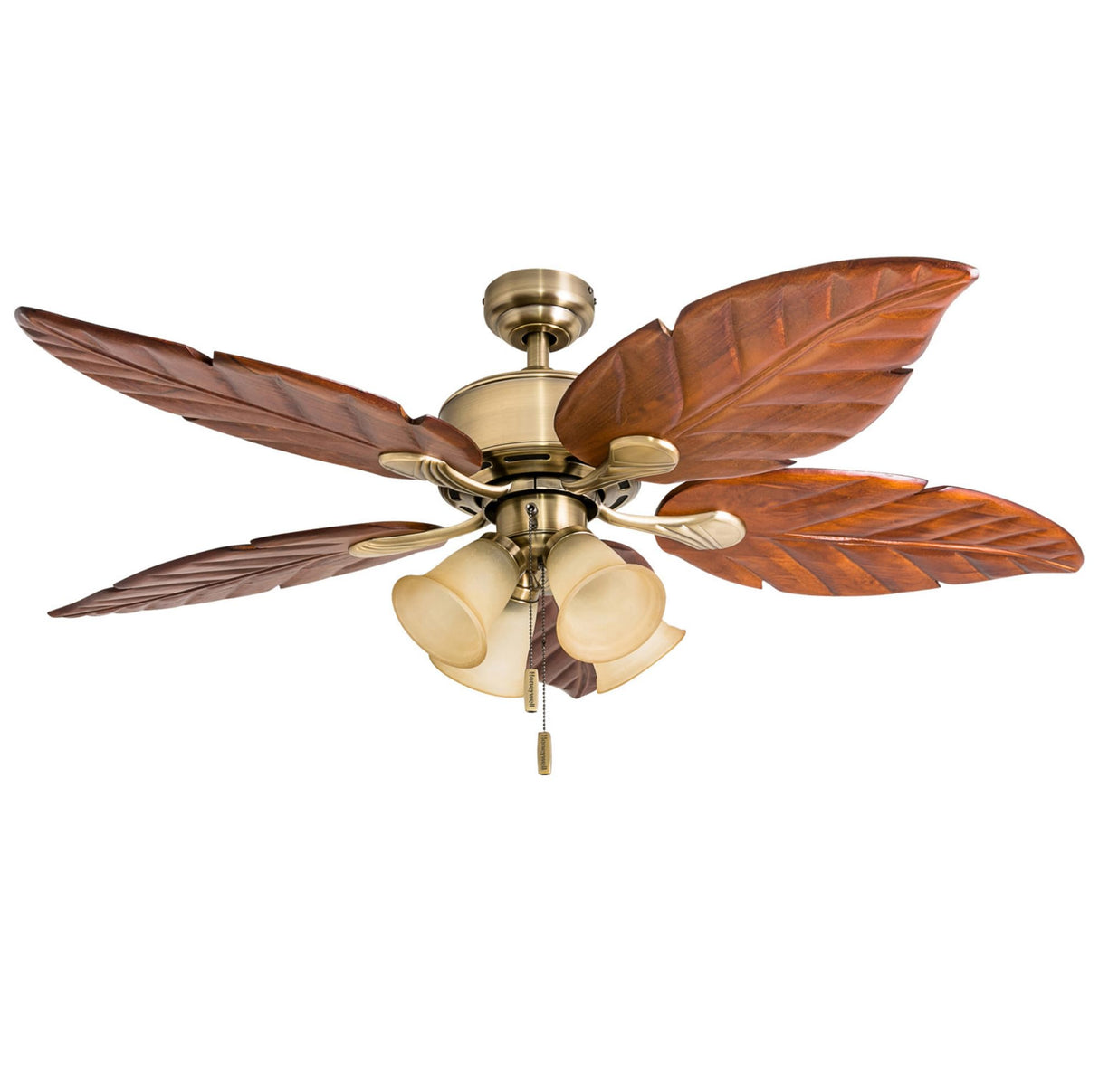 Honeywell Ceiling Fans Royal Palm, 52 Inch Tropical LED Ceiling Fan with Light, Pull Chain, Three Mounting Options, Hand Carved Solid Wood Blades - Model 50504-01 (Aged Brass) Honeywell Ceiling Fans